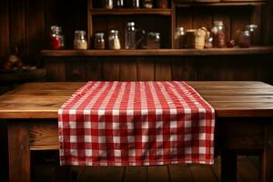 AI generated A Red Checkered Tablecloth on a Wooden Table, Set against a Wooden Background photo