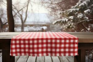 AI generated A Red Checkered Tablecloth on a Wooden Table, Set against a Wooden Background photo