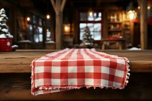 AI generated A Red Checkered Tablecloth on a Wooden Table, Set against a Wooden Background photo