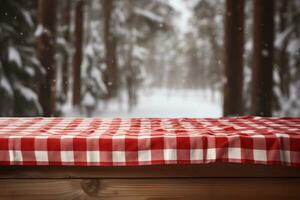 AI generated A Red Checkered Tablecloth on a Wooden Table, Set against a Wooden Background photo