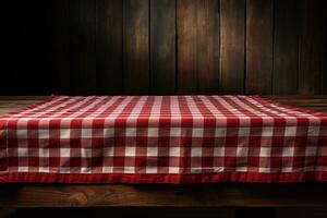 AI generated A Red Checkered Tablecloth on a Wooden Table, Set against a Wooden Background photo