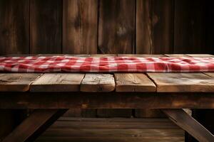 AI generated A Red Checkered Tablecloth on a Wooden Table, Set against a Wooden Background photo