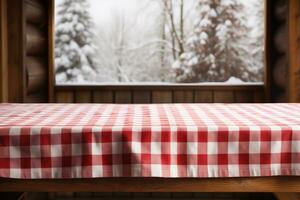 AI generated A Red Checkered Tablecloth on a Wooden Table, Set against a Wooden Background photo