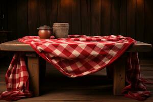 ai generado un rojo a cuadros Manteles en un de madera mesa, conjunto en contra un de madera antecedentes foto