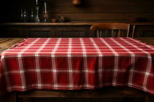 ai generado un rojo a cuadros Manteles en un de madera mesa, conjunto en contra un de madera antecedentes foto