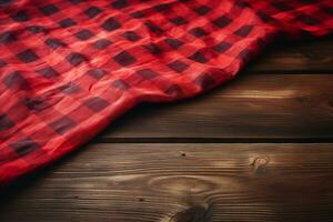 ai generado un rojo a cuadros Manteles en un de madera mesa, conjunto en contra un de madera antecedentes foto