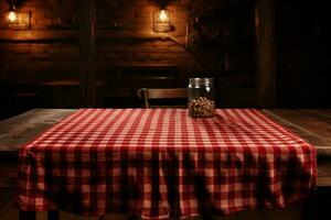 AI generated A Red Checkered Tablecloth on a Wooden Table, Set against a Wooden Background photo