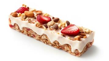 Fruit nut  bar isolated in a clean white backdrop with strawberry and nuts, Generative AI. photo