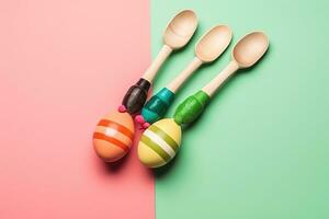 AI generated three wooden spoons on a pink and green background photo