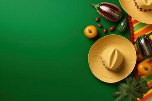 ai generado mexicano comida y sombreros en un verde antecedentes foto