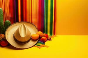 AI generated mexican background with mexican hat, cactus, fruit and colorful stripes photo