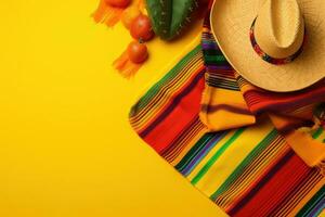 AI generated mexican food and accessories on yellow background photo