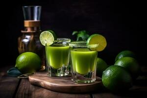 AI generated two glasses of green juice with lime slices photo