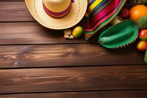 ai generado mexicano comida y sombreros en de madera mesa foto