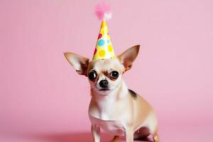 AI generated a chihuahua dog wearing a party hat photo