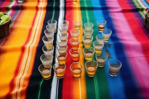 AI generated a colorful table with several glasses of tequila photo