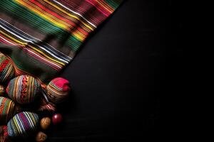 AI generated colorful mexican traditional fabric on black background photo
