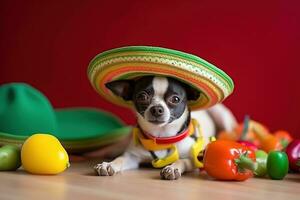 ai generado un pequeño perro vistiendo un mexicano sombrero y sentado en un mesa con varios vegetales foto