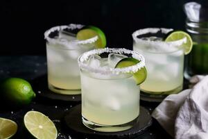 AI generated three margaritas with lime slices and salt photo