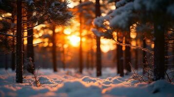 A unique perspective of a snow covered forest on a chilly day, Generative AI. photo