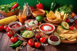 ai generado mexicano comida y vegetales en un de madera mesa foto