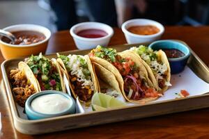 ai generado un bandeja de tacos con salsa y un Lima foto