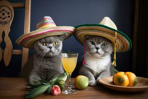 AI generated two cats wearing sombrenos and drinking orange juice photo