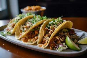 AI generated three tacos are sitting on a plate photo