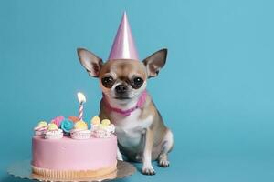 ai generado un chihuahua perro vistiendo un cumpleaños sombrero se sienta siguiente a un pastel foto