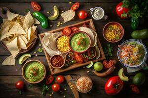 ai generado mexicano comida con guacamole, maíz, Tomates, tortillas, tortilla foto