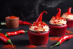 ai generado rojo chile pimienta magdalenas con Crema y chile polvo foto