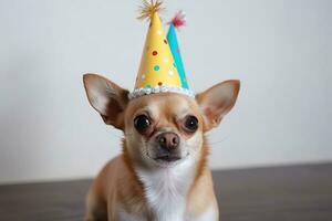 ai generado un pequeño perro vistiendo un fiesta sombrero foto