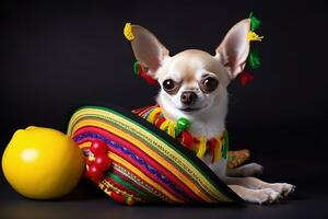 AI generated a chihuahua dog wearing a sombreno and a lemon photo