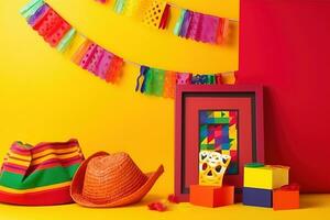 AI generated colorful mexican party decorations on yellow background photo