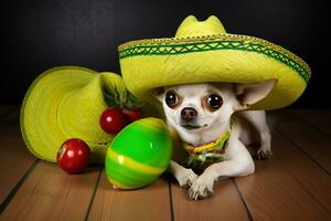 AI generated a chihuahua wearing a sombreno and holding an egg photo