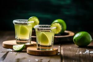 AI generated two shots of tequila with lime on a wooden table photo