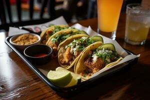 AI generated three tacos are on a tray with a drink photo