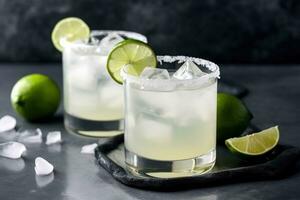 AI generated two margaritas with lime slices on a black background photo