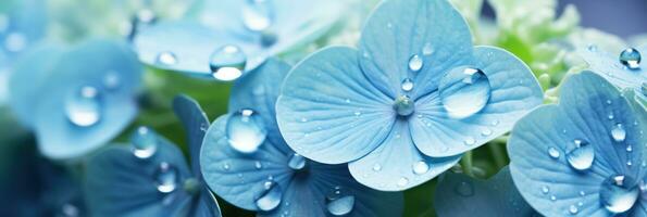 AI generated Morning Dew on Blue Hydrangea Close Up, Tranquil Blue and Fresh Green Palette for a St Valentines Day Concept Background photo