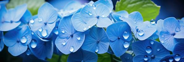 AI generated Morning Dew on Blue Hydrangea Close up, Serene Blue and Lush Green Palette for a St Valentines Day Concept Background photo