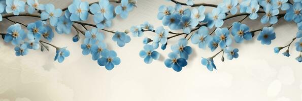 AI generated Delicate Cluster of Forget Me Nots on Parchment, Serene Blue and Vintage Parchment Toned Palette Romantic St Valentines Day Conceptual Backdrop photo