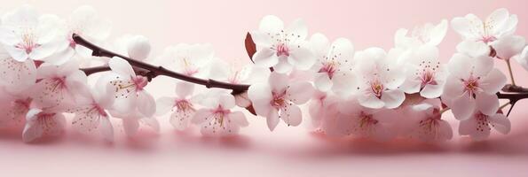 AI generated Close Up of White Cherry Blossoms in Soft Pastel Pink and Pure White Palette for Valentines Day Concept Background photo