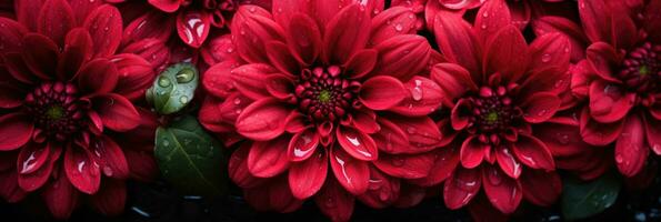 AI generated Ruby Red Chrysanthemum with Dew Drops Featuring a Vibrant Red and Green Color Scheme Perfect for a Valentines Day Themed Backdrop photo