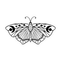 Celestial Butterfly Doodle Illustration. Hand Drawn Beautiful Line Art Butterfly Tattoo. This boho butterfly  are good for design of mystical project, card and poster making, decoration clothes, etc vector