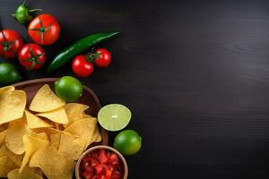 ai generado mexicano comida antecedentes con tortilla papas fritas, Tomates, Lima y cilantro en oscuro de madera foto