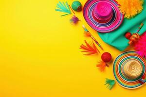 AI generated colorful mexican hats and other items on a yellow background photo