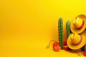 AI generated mexican cactus and hats on yellow background photo