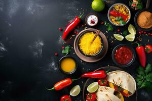 AI generated mexican food with tortillas, rice, beans, tomatoes, peppers, lime, c photo