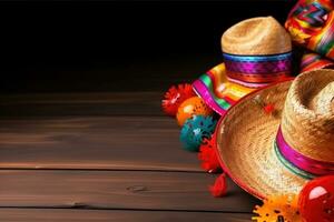 AI generated mexican hats and decorations on a wooden table photo