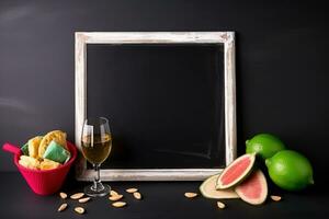 AI generated a chalkboard with a glass of watermelon and a bowl of chips photo